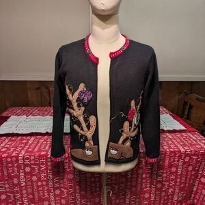 Festive Black Reindeer Cardigan Beaded Zip Up Holiday Sweater